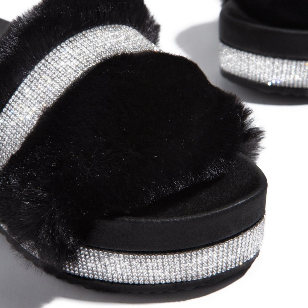 NEW Rhinestone Faux Fur Slide Sandal Flat Platform - Picture 4 of 5